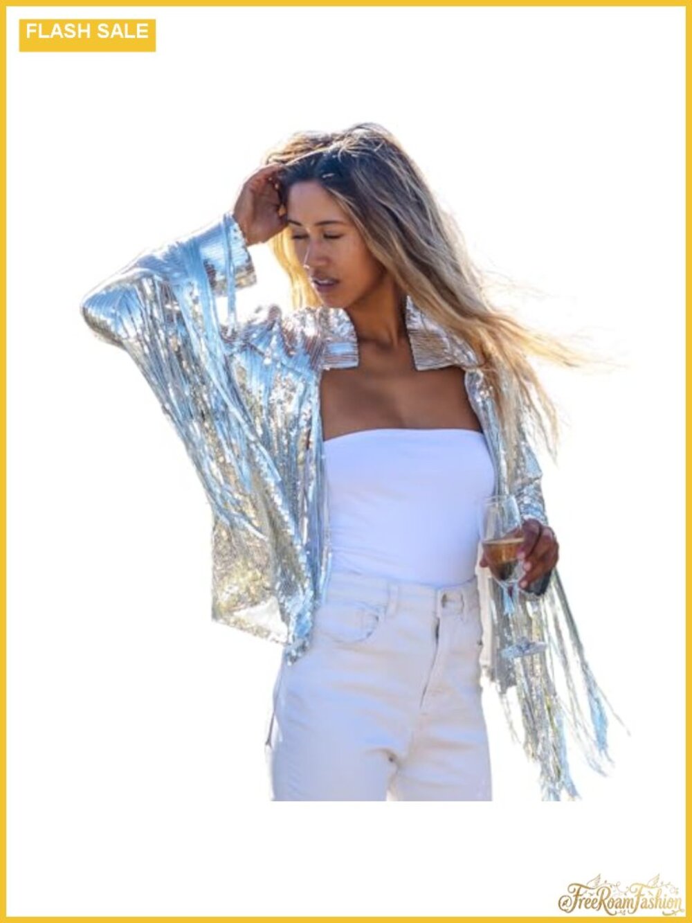 Sequin Fringe Jacket Open Front Sparkly Party Concert Costume
